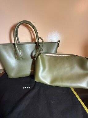 DKNY Olive Large Leather Tote with Matching Pouch and Storage Bag